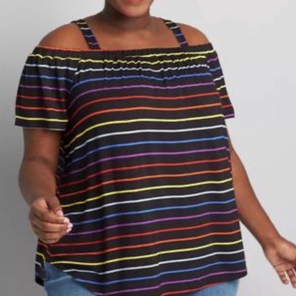 Lane Bryant Rainbow Stripe Cold Shoulder Swing Top Black Short Sleeve NWT - Picture 1 of 6